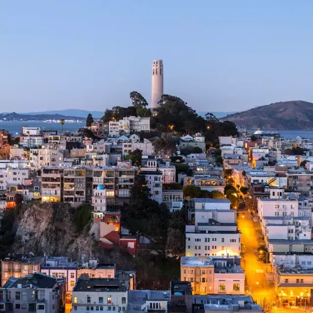 La Coit Tower di San Francisco al tramonto, 前面是明亮的街道，后面是威尼斯人官网平台app湾.